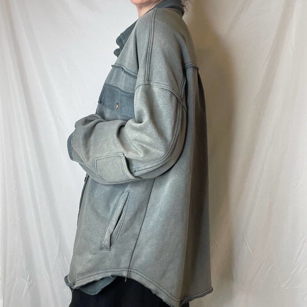 Pol French terry oversized shacket jacket green button front vintage wash faded - Picture 10 of 16